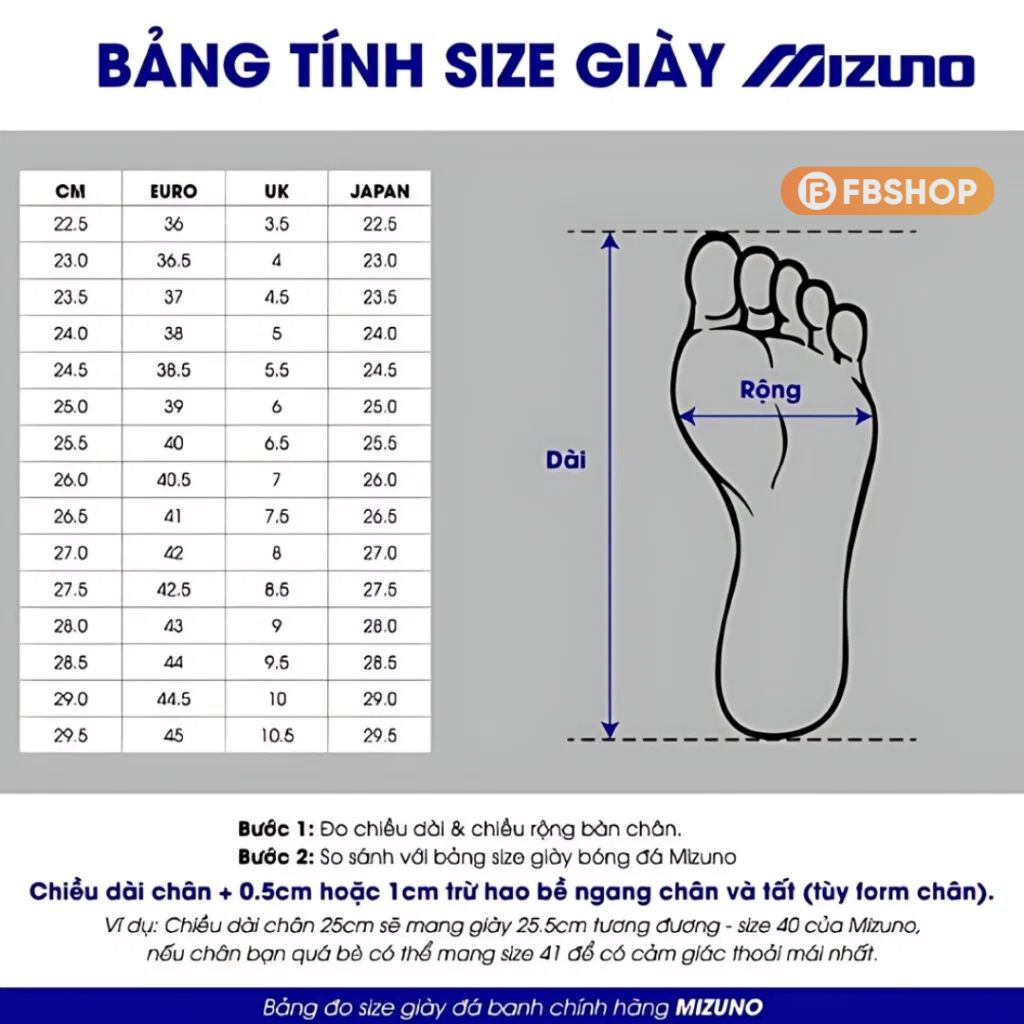 Tham khảo Bảng size giày Mizuno 