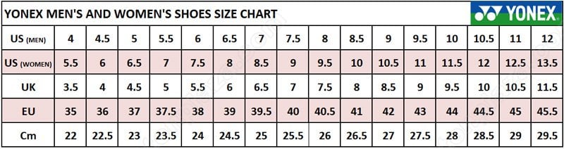 Bảng size giày tiêu chuẩn của Yonex
