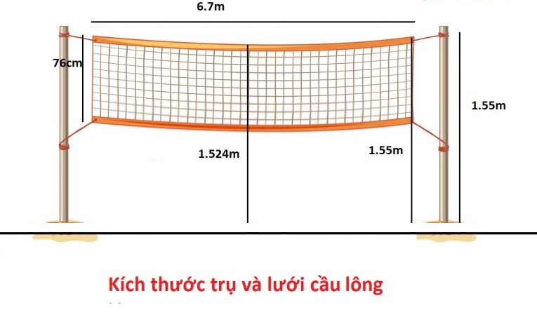 Kích thước tiêu chuẩn của trụ và lưới cầu lông