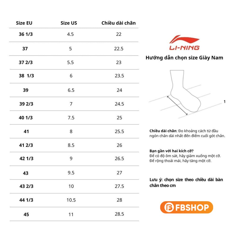 Bảng Size giày Lining