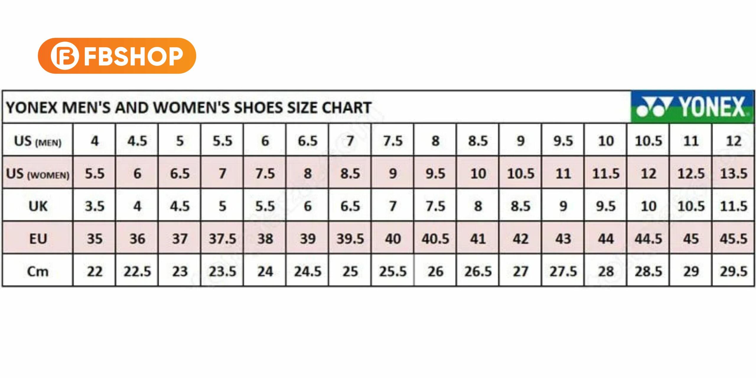 Bảng quy đổi size giày cầu lông Yonex tại Fbshop
