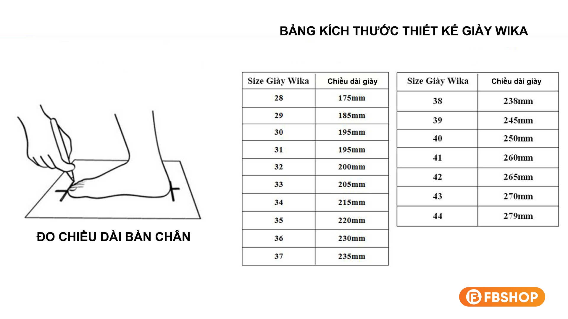 Bảng size giày thể thao Wika Regar tại Fbshop Bảng quy đổi size giày cầu lông Wika