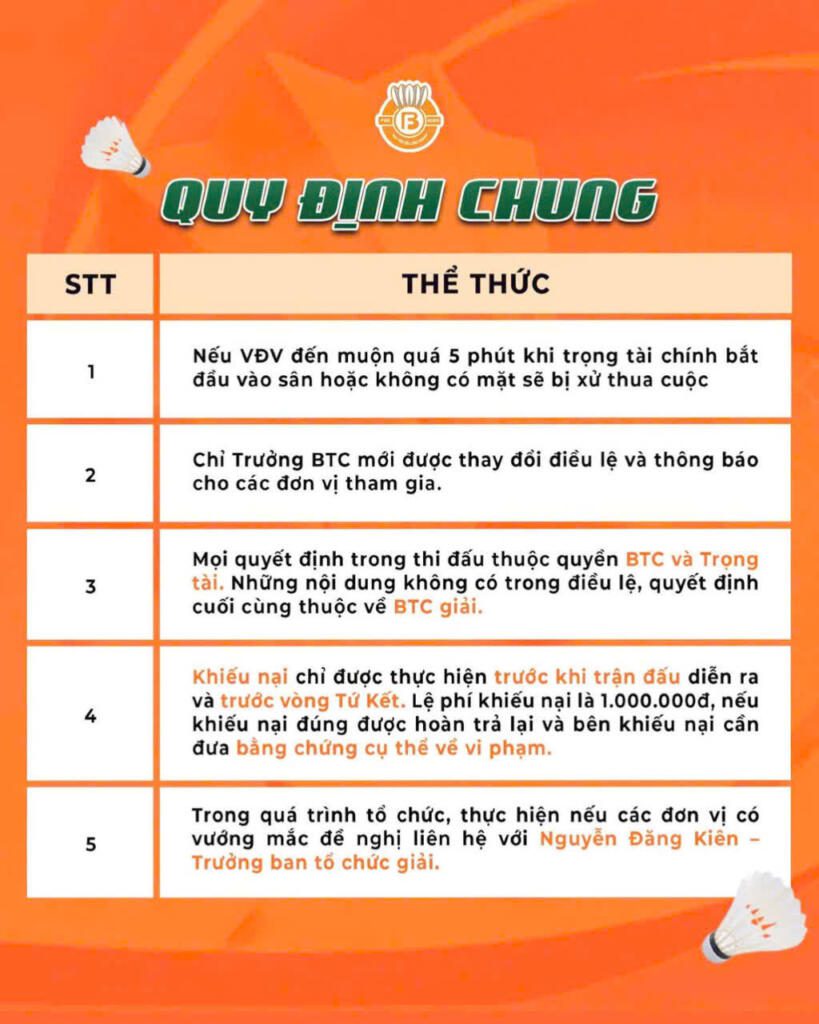 Những quy định khi tham gia Giải cầu lông Học viện Fbshop Open lần 1