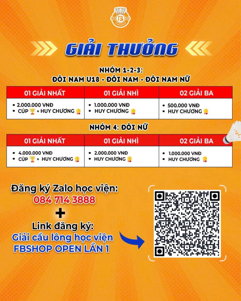 Cơ cấu giải thưởng lớn, hấp dẫn của giải Học viện cầu lông Fbshop Open lần 1