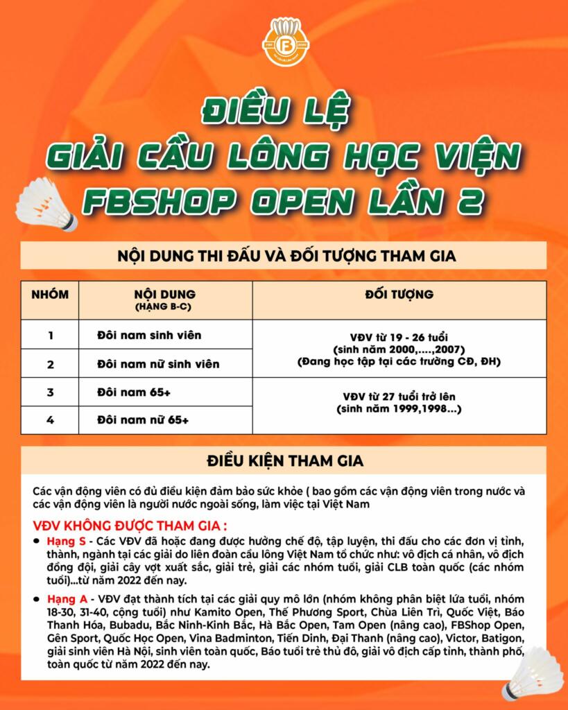 Các nội dung Giải Cầu Lông Học Viện Cầu Lông Fbshop Lần 2