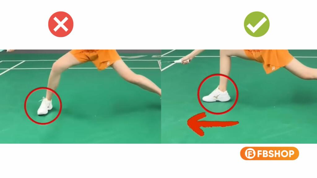 Tư thế đầu gối đổ vào trong khi thực hiện các pha đánh cầu ngang hoặc di chuyển ngang sân là sai